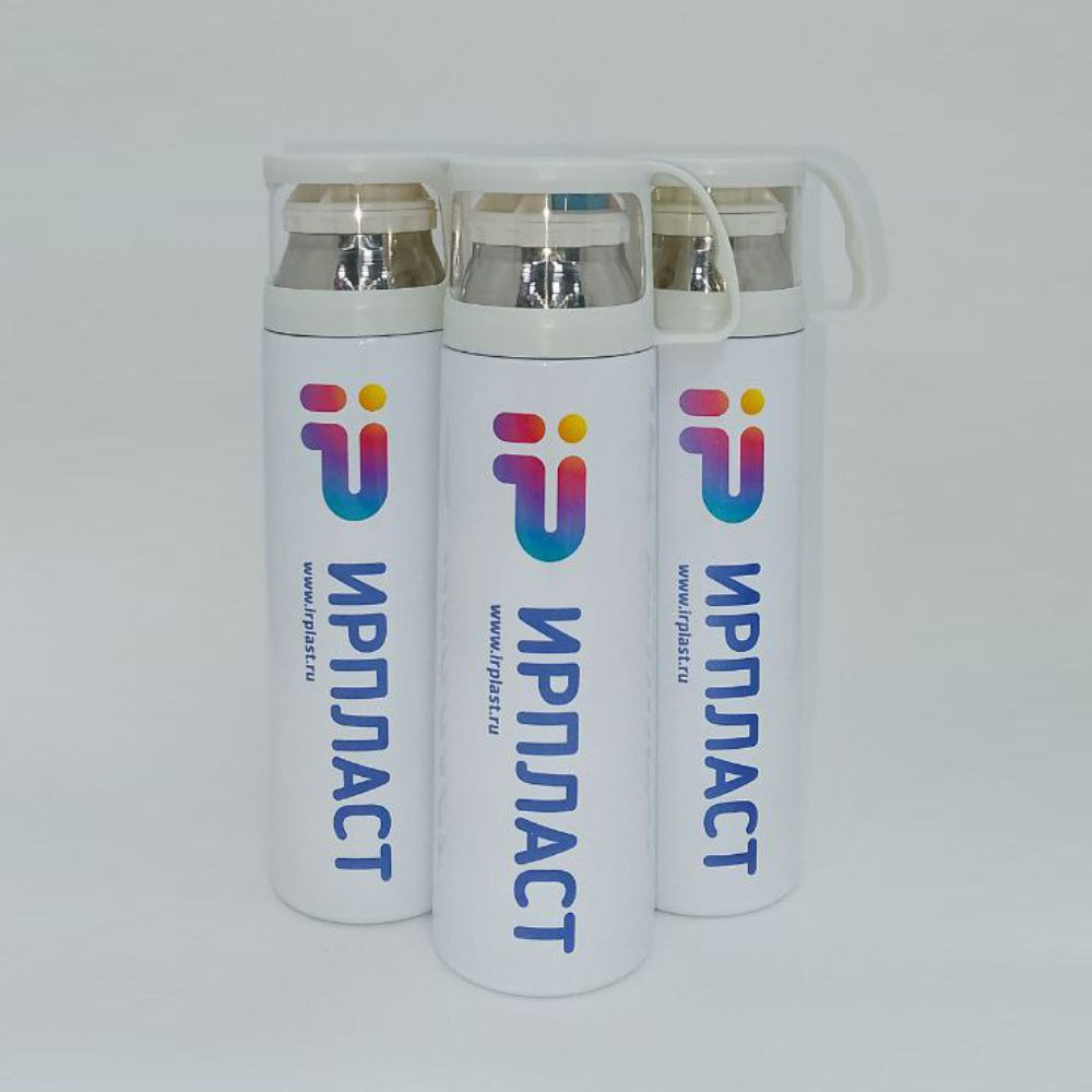 Печать на металлическом термосе с прозрачной крышкой-кружкой